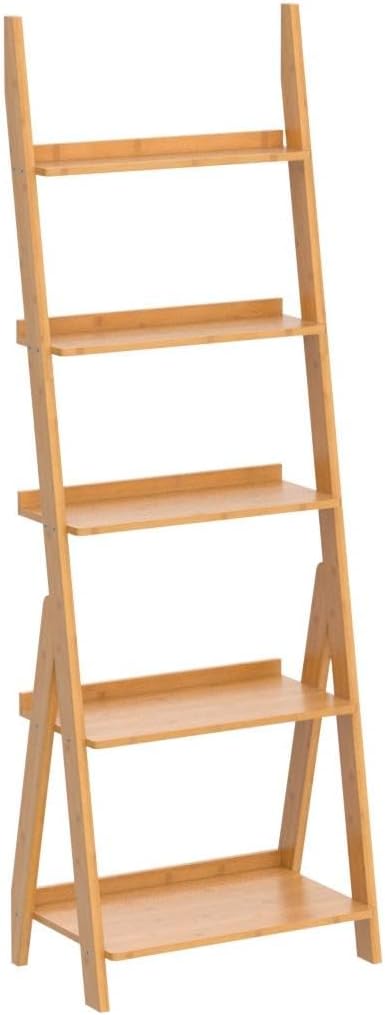 DOUSY- 5-Tier Bamboo Ladder Shelf Ladder Bookshelf Plant & Flower Stand Bookcase, Freestanding Storage Rack Organizer Display Shelf for Living Room, Home Office, Bedroom, Balcony, Natural Wood