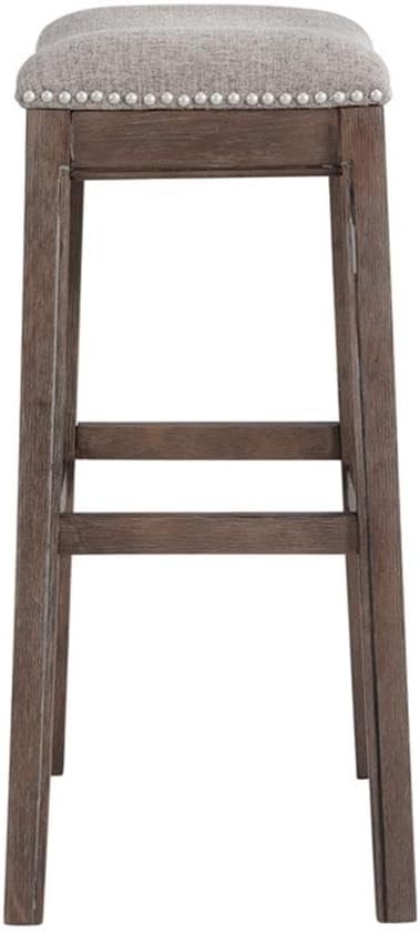 Alaterre Furniture Williston Bar Height Stool, Set of 2, Dark Brown, Solid Rubberwood Frame, Wire Brush Finish, Gray Accents, Linen-Like Fabric Upholstery, Dimensions 21 in. W x 14 in. D x 31 in. H