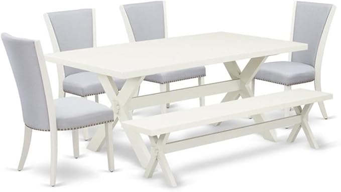 East West Furniture X027VE005-6 6 Piece Kitchen Table & Chairs Set Contains a Rectangle Wooden Table and 4 Grey Linen Fabric Parson Chairs with a Bench, 40x72 Inch, Multi-Color