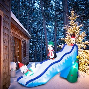 Bshine Christmas Inflatable Outdoor Decorations - 9.5 FT Christmas Inflatable Fun Slide Scene with Penguin Reindeer Polar Bear Blow Up Xmas Decorations with LED Lights for Lawn Garden Decor