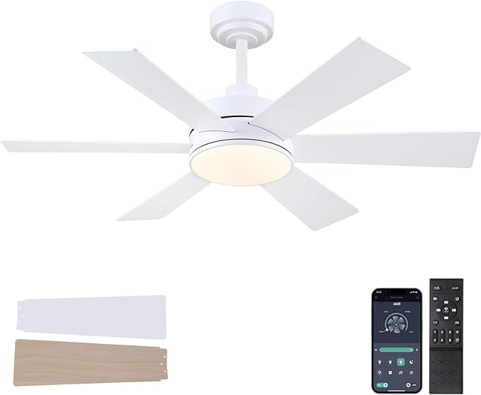 42 inch Ceiling Fans with Lights, Ceiling Fan with Remote APP, Dual-Sided Modern/Rustic 6 Blades, Reversible, 3CCT, Sloped Flush Mount Low Profile Ceiling Fan with Lights Bedroom Kitchen Indoor White