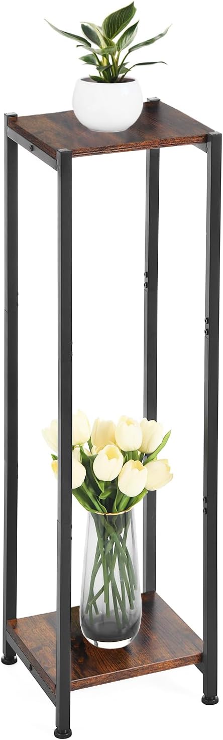 Extra Tall Plant Stand Indoor,40 Inch Plant Stands,2 Tier Metal Plant Stand with Heavy Duty Wood,Rustic Brown and Black