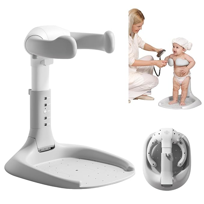 Baby Shower Stand, Baby Bath Support, Shower Standing Support with Adjustable Height and Armrest, Bath Stand with Anti-Skip and Shower Head Holder, Bath Essentials for Infants