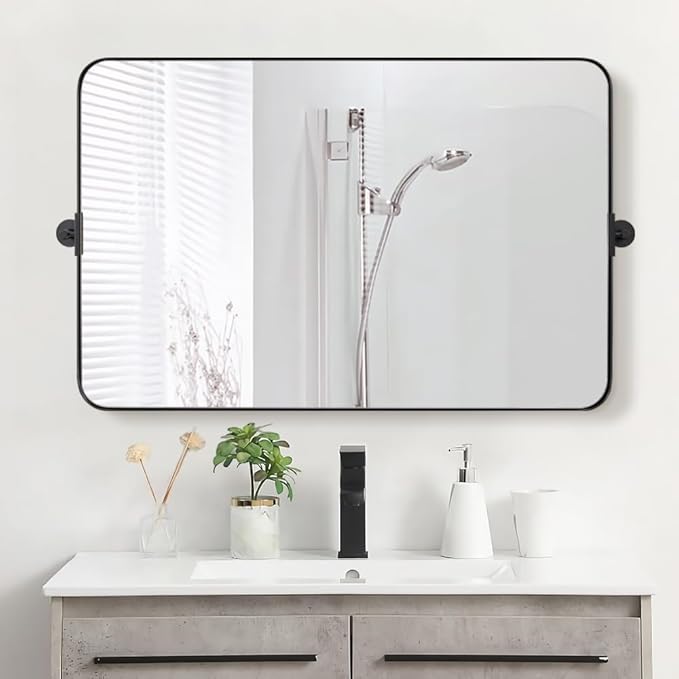 MOON MIRROR 30" x 22" Matte Black Rectangle Bathroom Mirror, Tilting Rounded Rectangular Metal Framed Pivot Wall Mirror, Hangs Horizontally Only(Overall 33.75" x 22")
