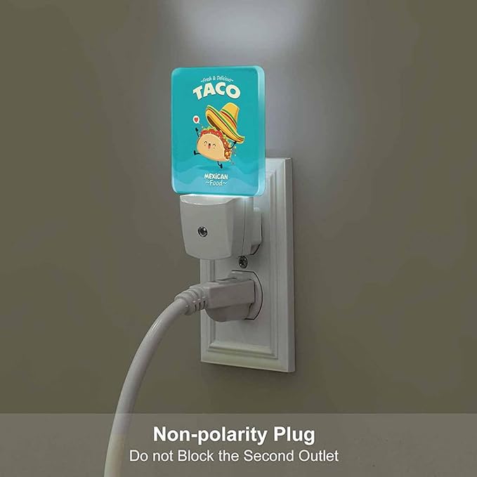 LED Night Light,Vintage Mexican Food Taco Character LED Night Light Plug into Wall with Dusk to Dawn Light Sensor White Energy Efficient Nightlight for Bedroom Bathroom Hallway Living Room Kitchen