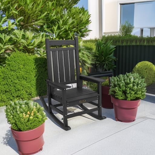 SERWALL Oversized Rocking Chair, Outdoor Rocking Chair for Adults, All Weather Resistant Porch Rocker for Lawn Garden, Black