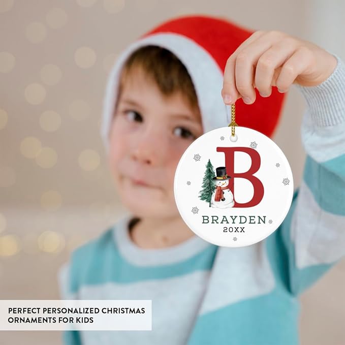 Andaz Press Personalized Christmas Ornament, Custom Name, Initial B Monogram Snowman 2.8" Ceramic Porcelain 2025 Christmas Ornament Keepsake for Kids, Boys, Girls, 1-Pack Initial Ornaments