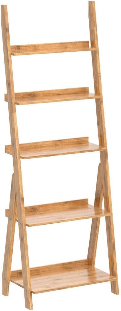 Maydear Bamboo Ladder Shelf Bookcase, 5-Tier Leaning Bookshelf Free Standing Organizer Storage Shelves for Living Room, Bedroom, Kitchen, Home Office, Balcony, Natural Wood