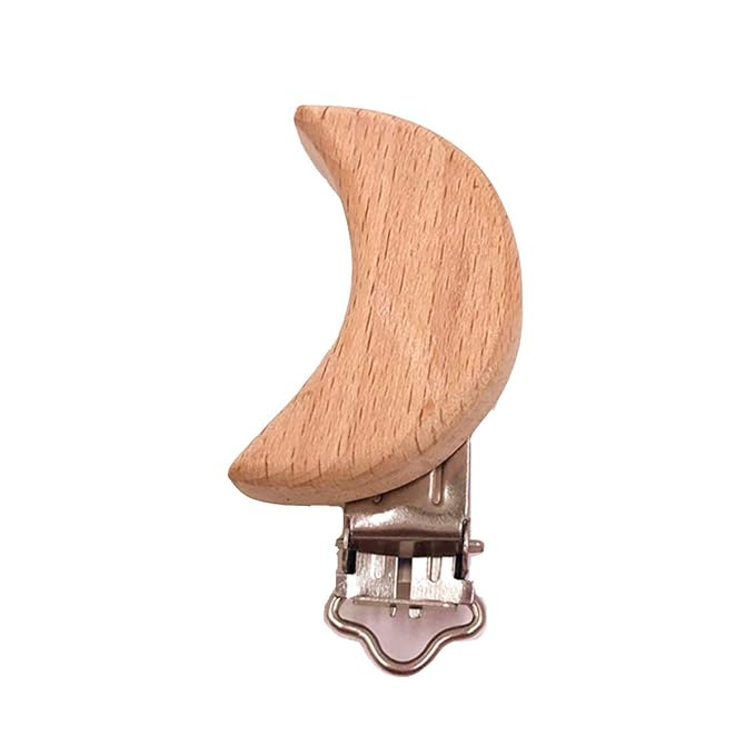 20pcs Natural Wood Suspender Pacifier Clips Cute Beech Wooden Animal Moon Shape Clips Charm DIY Beading Pacifier Chain Accessory