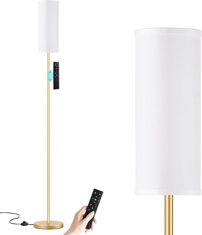 Ambimall 64'' Floor Lamps for Living Room with Remote Control and Stepless Dimmable Colors Temperature & Brightness, 9W Bulb Included(White Lampshade & Gold Pole)