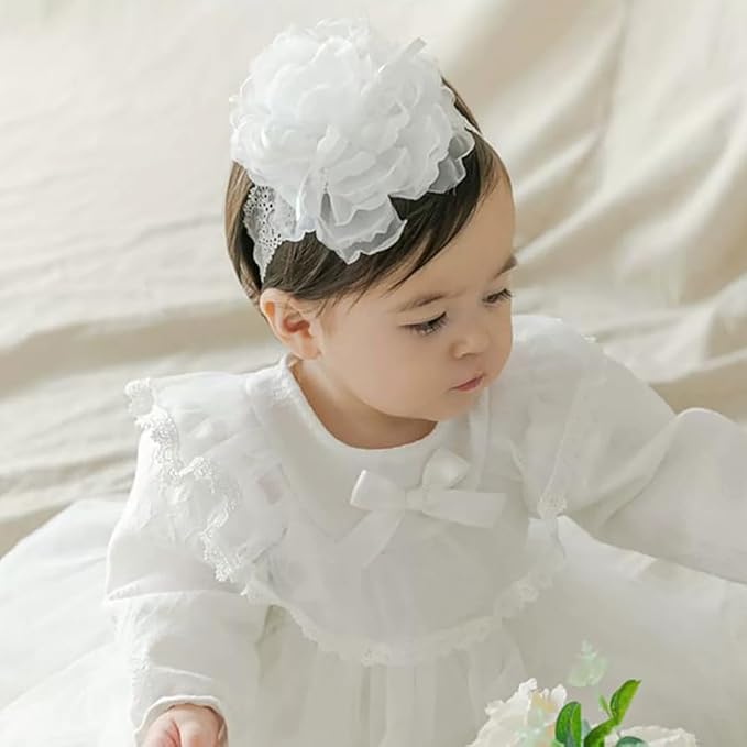 White Lace Flower Headband for Baby Girls Toddler Christening Baptism Hairband Soft Lace Floral Birthday Party Hair Accessories for Newborn Infants Kids (Style 7, One size)