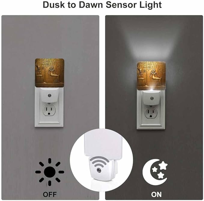 Egyptian Hieroglyphs Night Light Plug-into Wall Ancient Gold Art Nightlight Lamp with Dusk to Dawn Sensor, Led Lamp 0.5W Energy Efficient for Home Decor