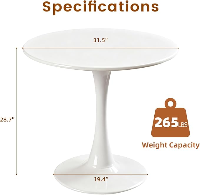 Round Dining Tulip Table for 4, Mid-Century Modern Table with Sturdy Metal Pedestal for Kitchen, Bistro, Cafe, Leisure (White, 31.5 INCH)