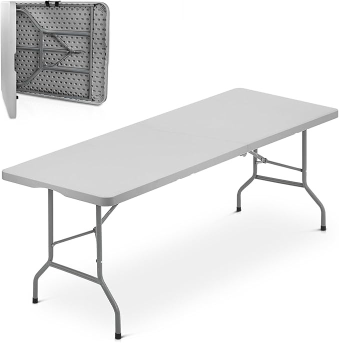 Athena Collection 8 ft Square Folding Dining Table, Large Plastic Foldable Table Portable with Carry Handle, Heavy Duty Fold-in-Half Utility for Indoor Outdoor Party Camping Picnic, Grey