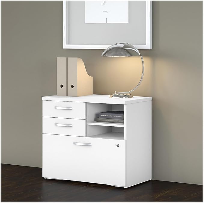 Bush Business Furniture Studio C Office Storage Cabinet with Drawers and Shelves in White, Organization for Home or Professional Workspace