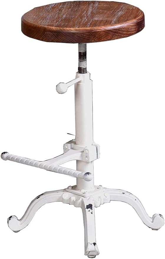 Topower Industrial Retro Vintage Farm Wooden Tractor Stool Kitchen Swivel Height Adjustable bar Stool (Antique White)