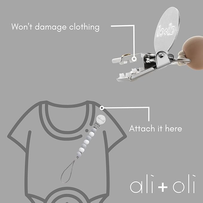 Ali+Oli Silicone Pacifier Clip for Baby (Thin Grey) 100% Food-Grade BPA Free Newborn Pacifier Holder Infant Binky Clip for Baby Boy or Girl