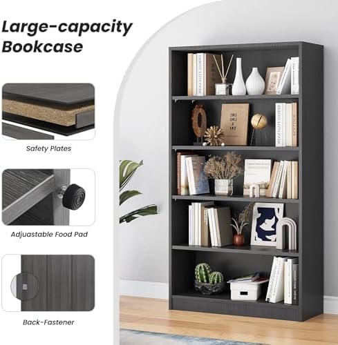Bookshelf, 5 Wooden Book Shelf Bookcase with Freestanding Display Storage, Open Modern Bookshelf for Bedroom, Living Room, Dinning Room, Office, 60 Inch, Deep Gray