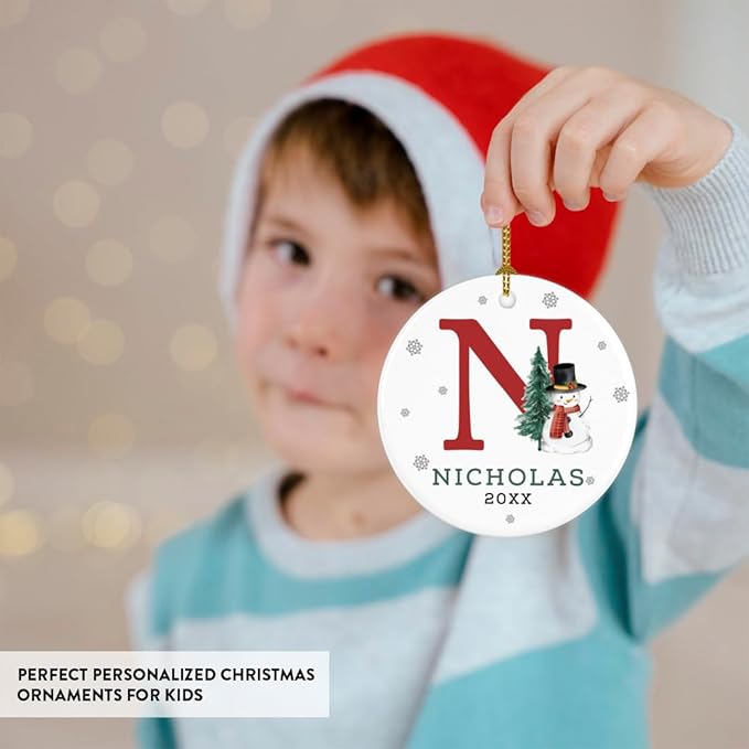 Andaz Press Personalized Ornament, Custom Name, Initial N Monogram Snowman 2.8" Ceramic Porcelain 2025 Christmas Ornament Keepsake for Kids, Boys, Girls, Includes Gold Ribbon & Gift Box, 1-Pack