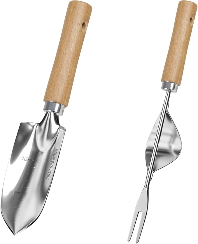 Garden Tool Set, 2 Pieces Stainless Steel Heavy Duty Garden Tools, Garden Kit with Ergonomic Wooden Handle, Durable Garden Tools for Gardening, Gardening Gifts for Women