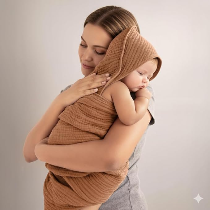 Muslin Hooded Baby Towels for Newborns, 32"x32", 100% Cotton – 6 Layers Super Soft Absorbent Breathable, Baby Bath Towel, Toddler Bath Towel – Pack of 2