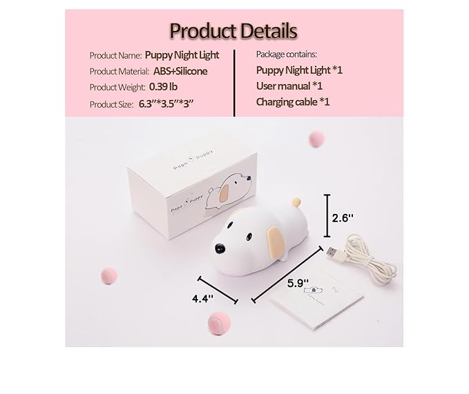 Led Cute Dog Night Light, Dimmable Nursery Puppy Kawaii Lamps, Super Squishy Silicone USB Rechargeable Touch Control Night Lamp for Kids Adults, Used for Camping Party Room Decor (Dog)