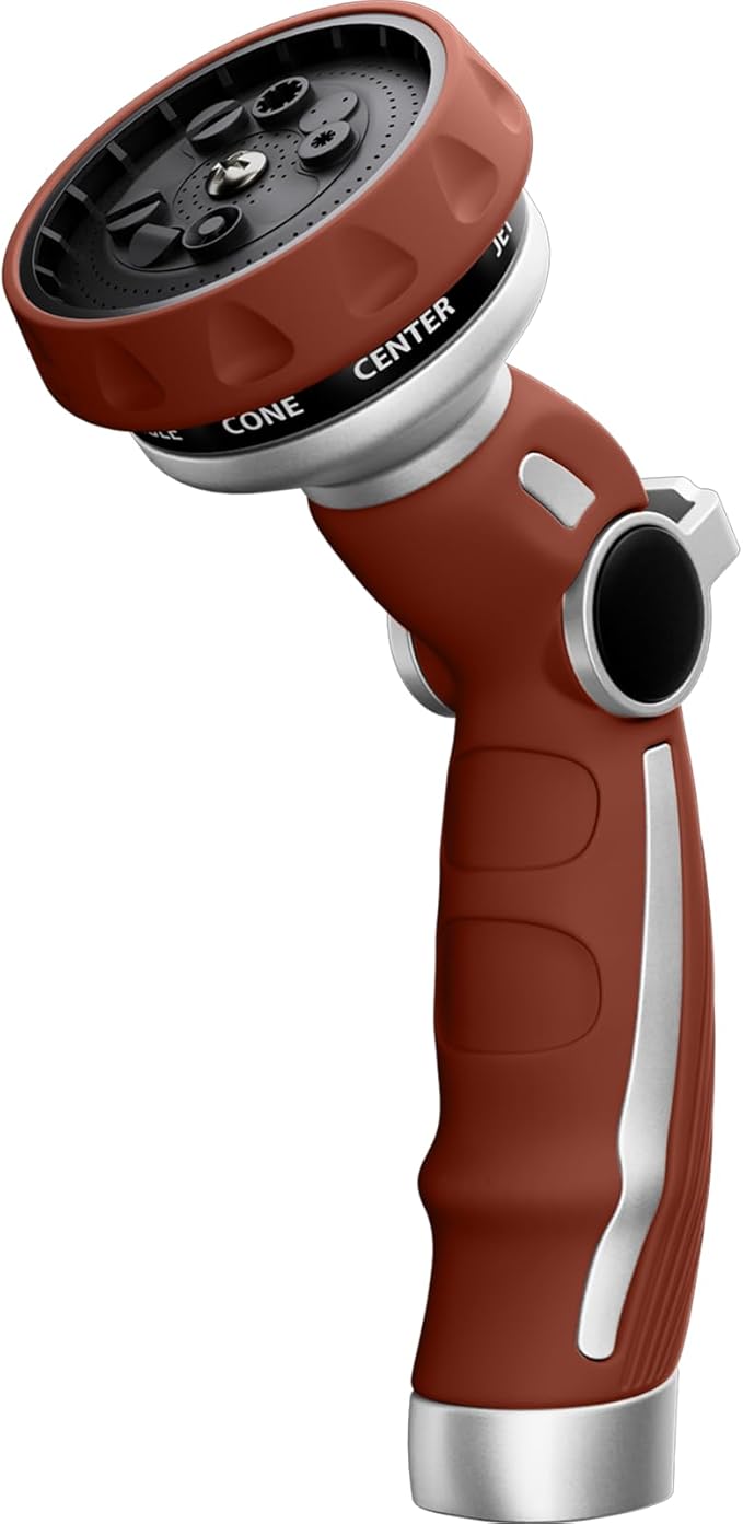 RESTMO Hose Nozzle Heavy Duty, Metal Water Hose Sprayer for Garden, 9 Spray Patterns | High Pressure | Thumb Flow Control | On/Off Valve, Ideal for Lawn & Plant Watering, Car & Pet Washing, Red