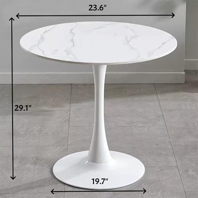 24" Tulip Table for 2-3 Persons Mid-Century Kitchen Table Faux Marble Modern Round Dining Tables Wood MDF Top Steel Base Small for Living Room Balcony Leisure(White, 23.6")