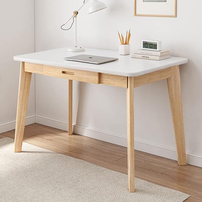 IOTXY Solid Wood Writing Desk - Home Office Workbench Desk with Drawer, 31.5" Width Laptop Computer Work Study Table in White