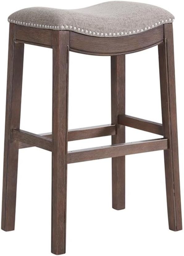Alaterre Furniture Williston Bar Height Stool, Set of 2, Dark Brown, Solid Rubberwood Frame, Wire Brush Finish, Gray Accents, Linen-Like Fabric Upholstery, Dimensions 21 in. W x 14 in. D x 31 in. H
