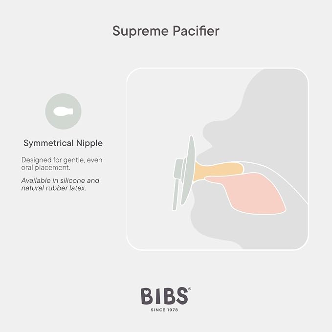BIBS Supreme Baby Pacifier 2-Pack | Made in Denmark | BPA Free Dummy Soother, Symmetrical Nipple. Silicone, Size 2 (6-18 Months), Haze/Blossom