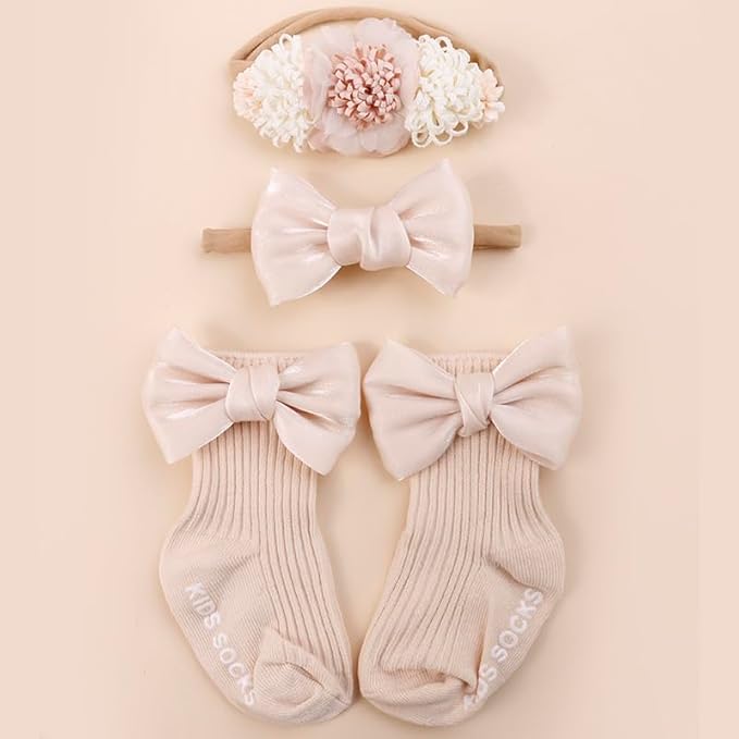 cherrboll Baby Girl Headbands and Socks Set, 3Pcs Soft Floral Hairbands Hair Bows Knit Socks for Newborn Infants Toddlers Photography Props Gifts