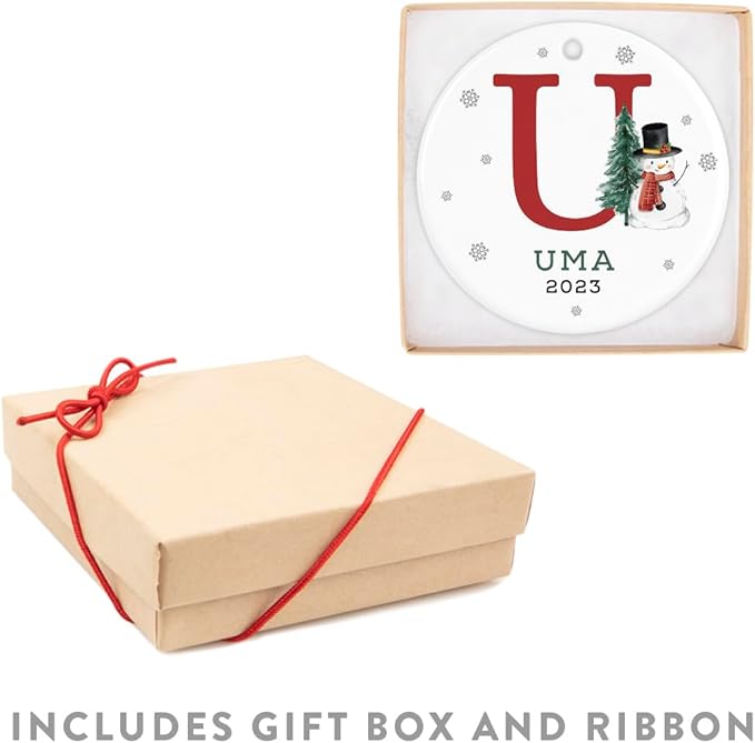 Andaz Press Personalized Ornament, Custom Name, Initial U Monogram Snowman 2.8" Ceramic Porcelain 2025 Christmas Ornament Keepsake for Kids, Boys, Girls, Includes Gold Ribbon & Gift Box, 1-Pack