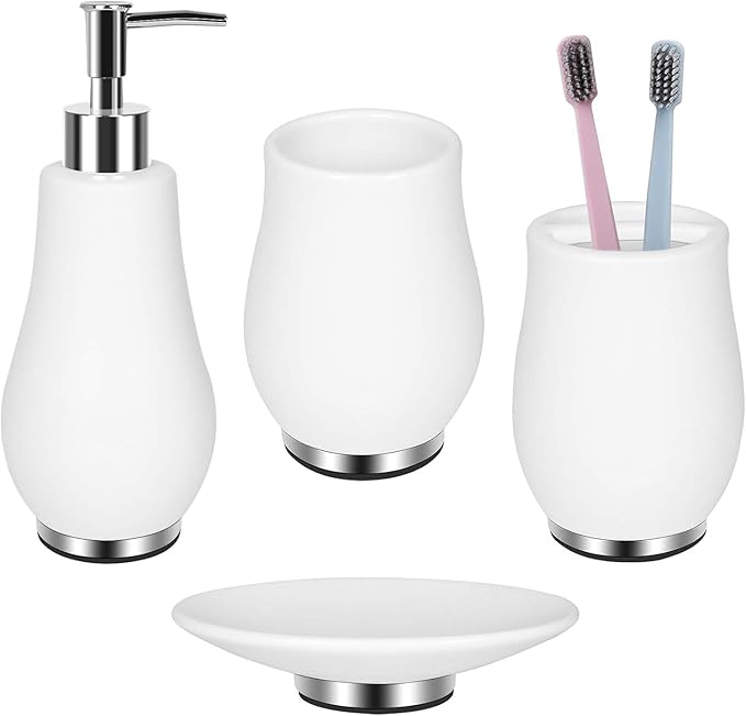 RQYIXI Bathroom Accessories Set 4 Pcs Toothbrush Holder Soap Dispenser Ceramic Bathroom Accessory Set with Toothbrush Cup Soap Dish Tumbler White