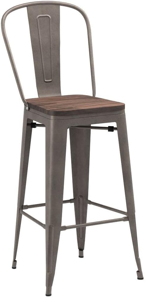 Yongqiang 30 inch Metal Bar Stools Set of 4 Bar Height Stools Kitchen Island Barstools High Back Bar Chairs with Large Wooden Seat Industrial Rusty