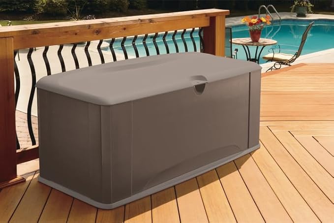 Rubbermaid Extra Large Resin Outdoor Storage Deck Box with Seat (120 Gal), Weather Resistant, Brown, Deck Organization for Home/Backyard/Pool Chemicals/Toys/Garden Tools/Porch/Patio Cushions