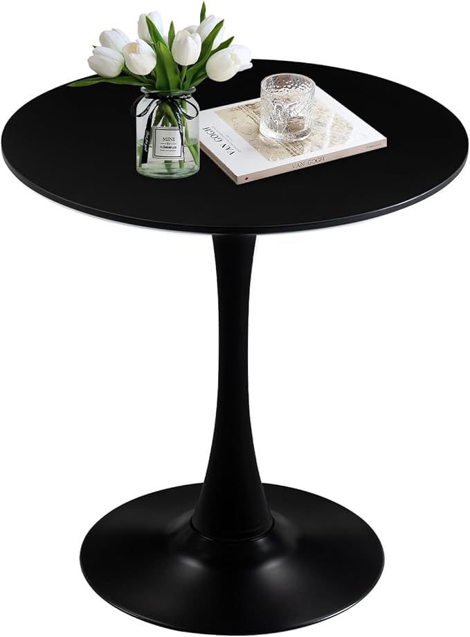 27.5" Small Round Dining Table, Modern Tulip Style Table for 1-2 People, Space-Saving Table for Dining Room, Kitchen, or Cafe, Black Pedestal Base
