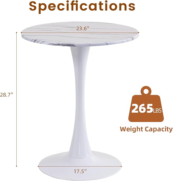 Round Dining Tulip Table for 2, Mid-Century Modern Table with Sturdy Metal Pedestal for Kitchen, Bistro, Cafe, Leisure (Faux Marble White, 24 INCH)