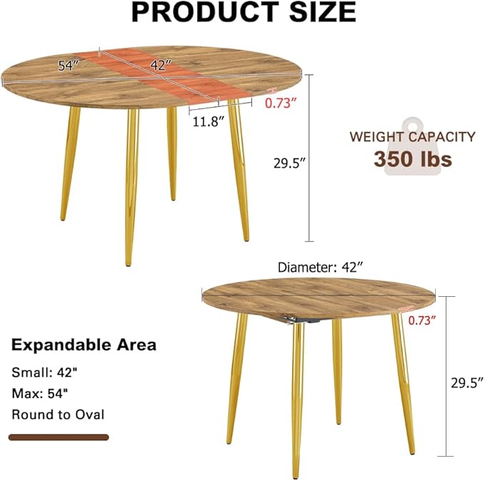 42" Round Dining Table for 4, 54" Oval Dining Table for 6, Extendable Kitchen & Dining Room Table with Metal Legs, Modern Rustic Space-Saving Adjustable Shape Dinner Table, Easy Assembly,Oak