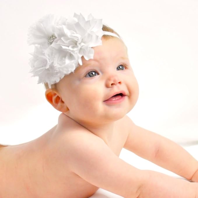 My Lello Headband Shabby Fabric Flower Cluster Baby - Infant - Toddler - Girl Stretchy Elastic White/Hot Pink Chevron
