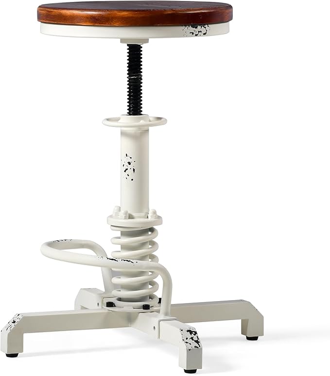 Topower Industrial Retro Vintage Farm Wooden Seat Tractor Stool Kitchen Swivel Height Adjustable bar Stool Antique White