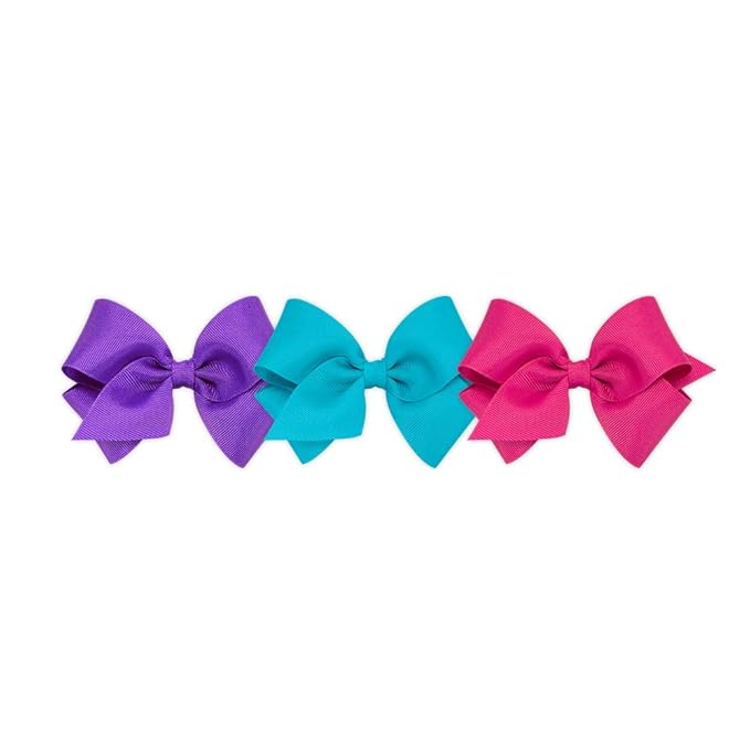 Wee Ones Girls' Small Bow 3 Pack Set Solid Grosgrain Variety Pack on a WeeStay No-Slip Hair Clip - Delphinium, New Turquoise, and Shocking Pink