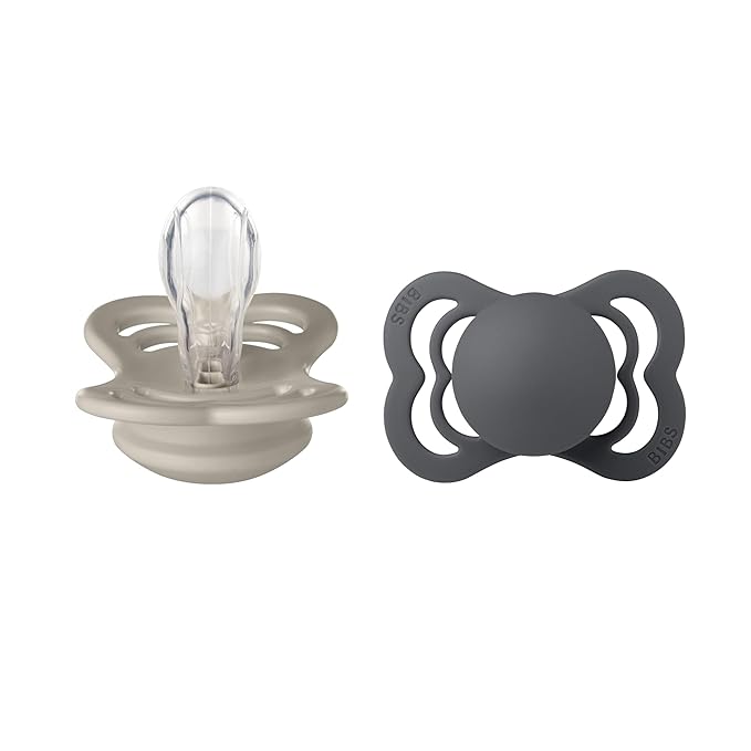 BIBS Supreme Baby Pacifier 2-Pack | Made in Denmark | BPA Free Dummy Soother, Symmetrical Nipple. Silicone, Size 1 (0-6 Months), Sand/Iron