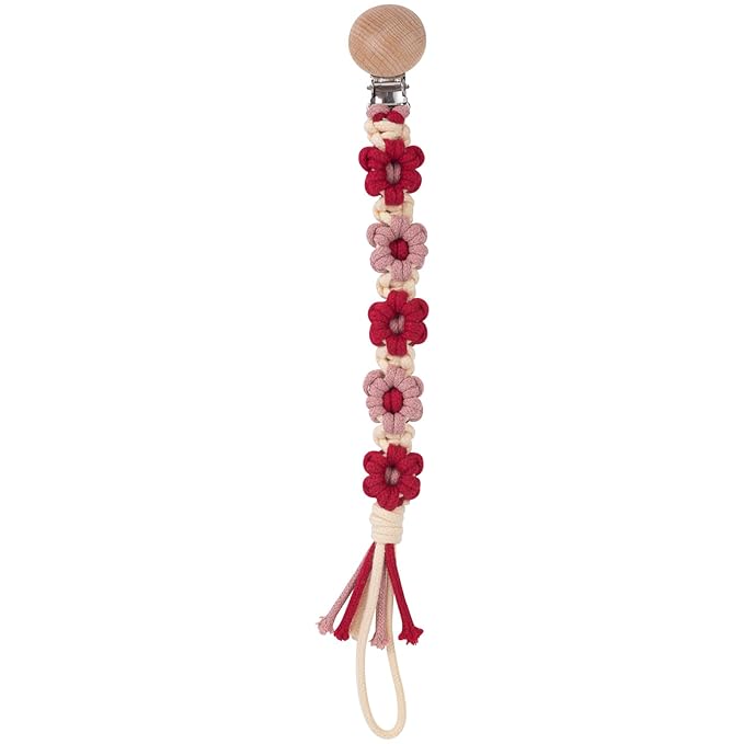Pacifier Clip for Boys Girls Floral Daisy Macrame Baby Paci Clip Pacifier Holder Leash Boho Wooden Clips Handmade Braided Cotton Binky Clips (1pack:Red Daisy)