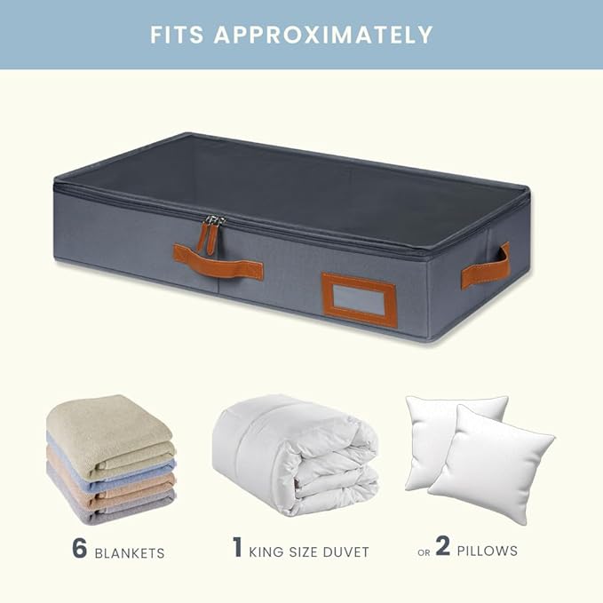 OrganiHaus Under Bed Storage Containers, Bedroom Storage and Organization Bins, Clothes Organizer for Closet with Clear Cover and Reinforced Handles - Set of 2 33x17x6 inches Gray