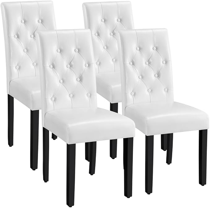 Yaheetech Dining Chairs Set of 4 Modern Style Faux Leather Dining Room Chairs with Solid Wood Legs and Button Tufted Padded for Home Kitchen, White