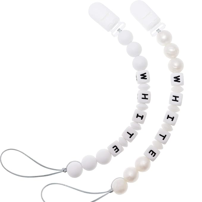 Personalized Pacifier Clip with Name, Customizable Pacifier Clip (2 Pack) (White+Pearl)