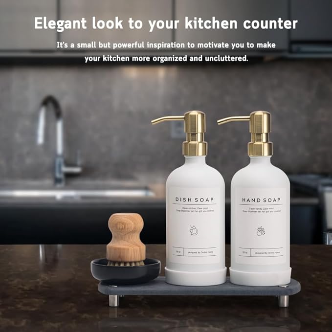 [Luxury] Kitchen Soap Dispenser Set - 16OZ White Glass Bottle, Stainless Steel Pump, Instant Dry Tray, Waterproof Labels, Non-Slip Silicone Pad, and Dish Brush | Upgrade for Your Kitchen and Bathroom