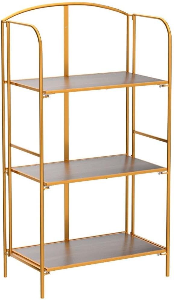 Crofy No Assembly Folding Bookshelf for Living Room, 3 Tier Gold Collapsible Book Shelf for Home Office, Portable Bookcase Storage Organizer