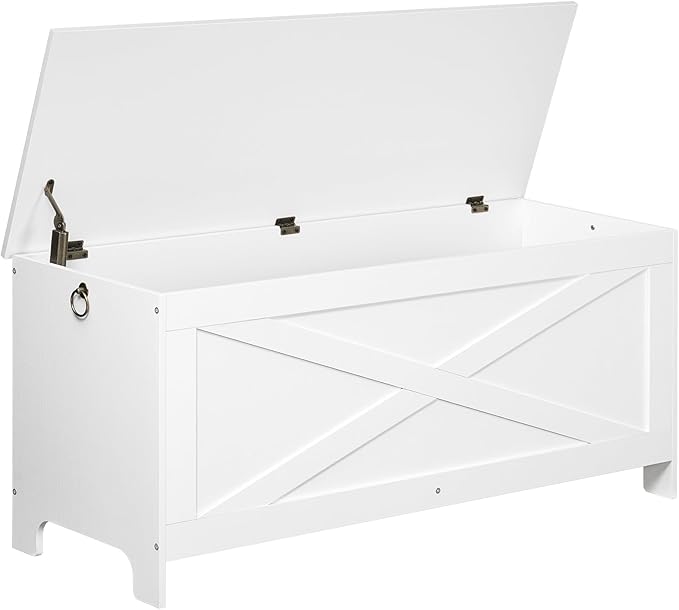 43.3" Toy Chest, Sturdy Entryway Storage Chest with Safety Hinges, Retro Toy Box, Wooden Look Accent Furniture for Living Room, Bedroom, White SCWT48501